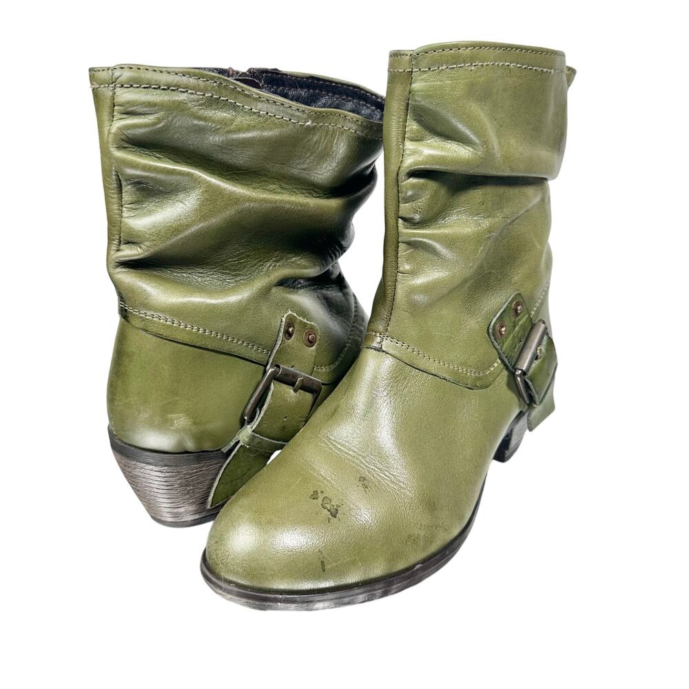 Eric Michael | Women | Olive Green Slouchy Buckle Heeled Leather Booties | EU 40